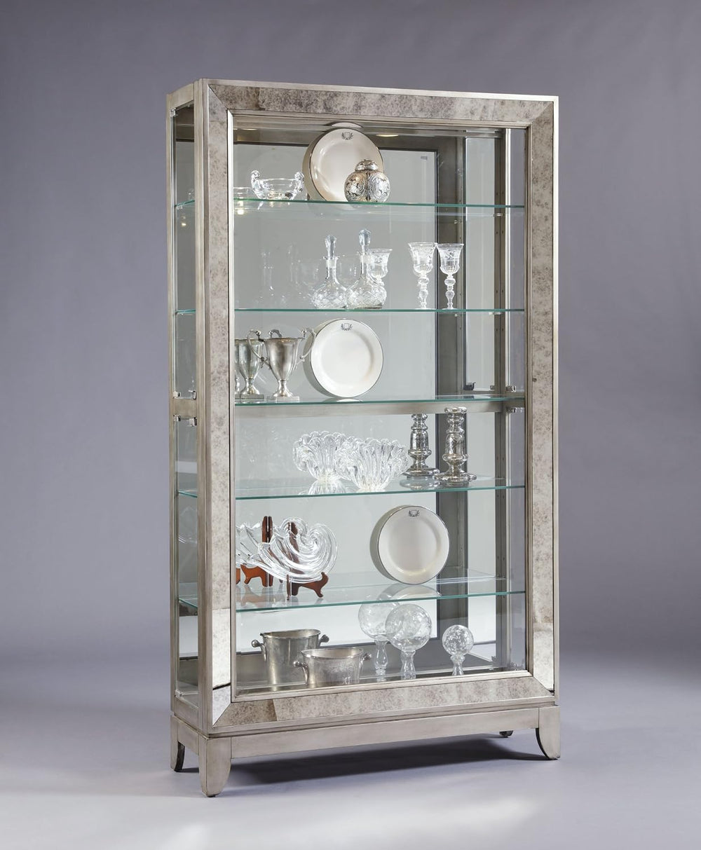 Hardwood Antique Style 5 Shelf Mirrored Curio Cabinet in Aged Silver Finish