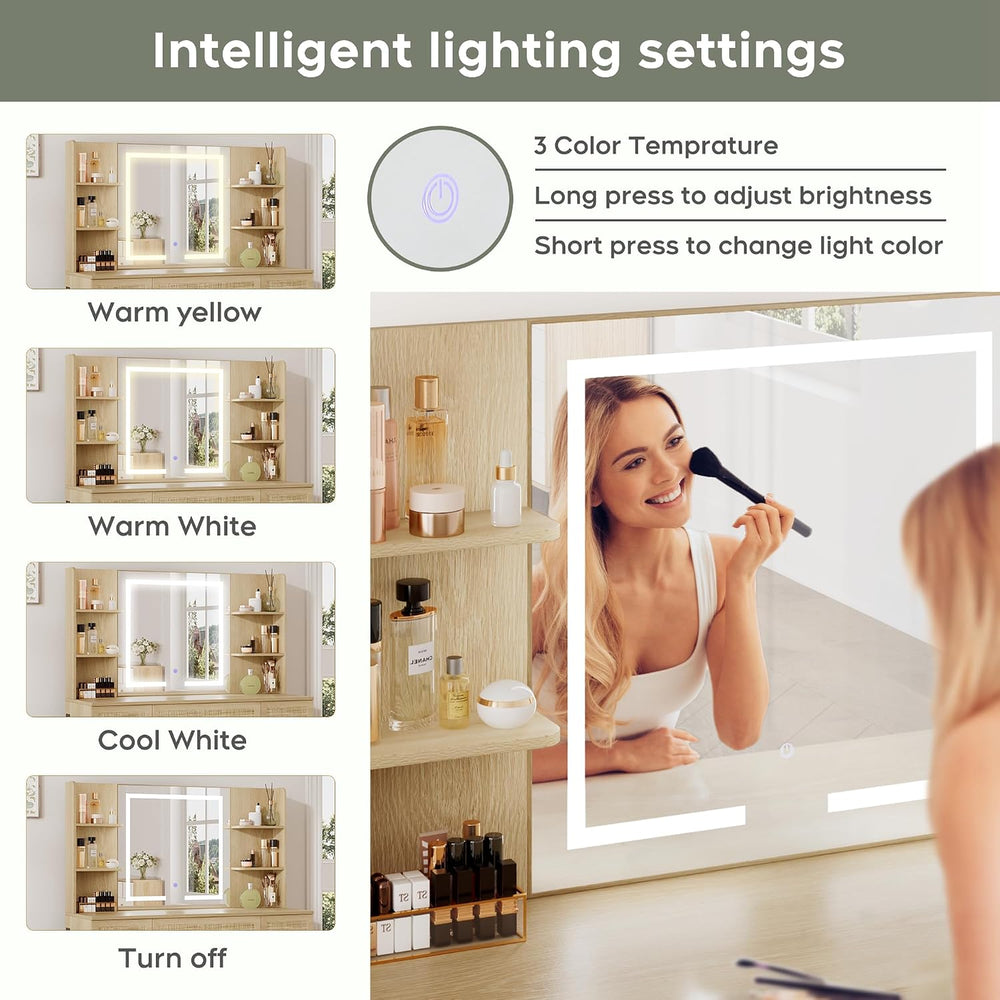 Yechen 43" Boho Makeup Vanity Desk with LED Lighted Mirror & Power S...