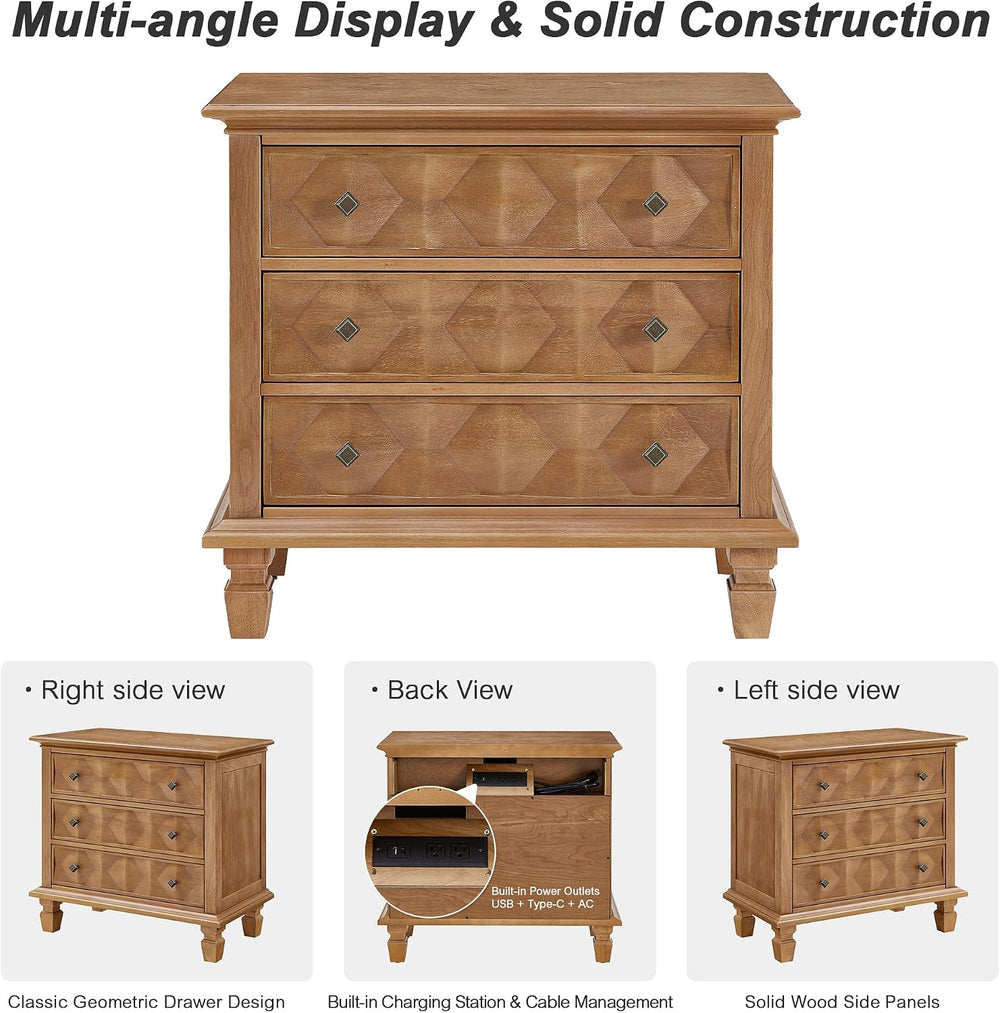 Traditional Geometric Textured Nightstand, 3 Drawer Solid Wood Bedside Table ...