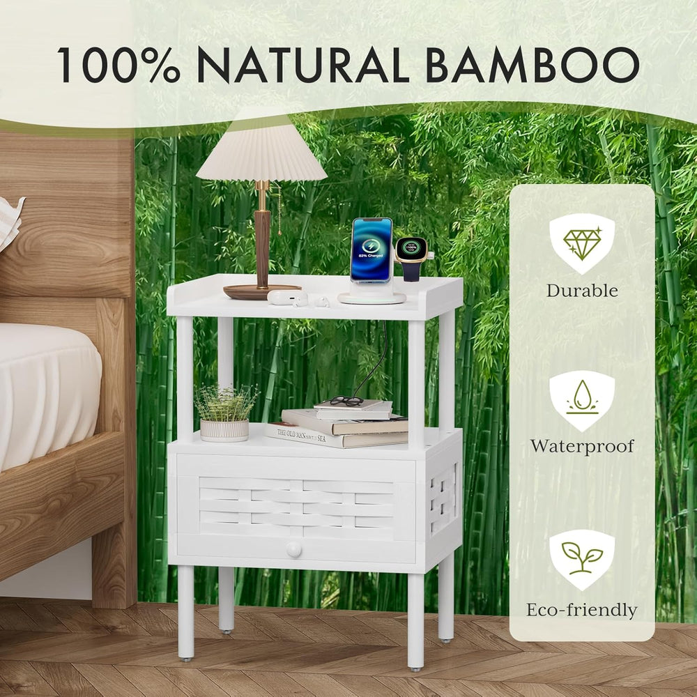 Amazer White Nightstand with Charging Station, Bamboo Night Stand for Bedroom...