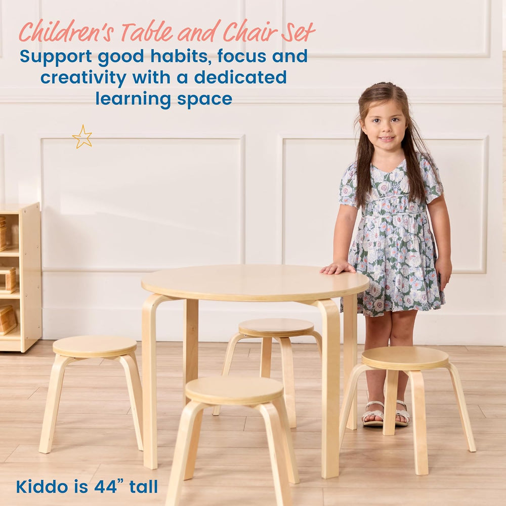 ECR4Kids Round Bentwood Table and Stool Set, 5-Piece, Natural | Durable birch...