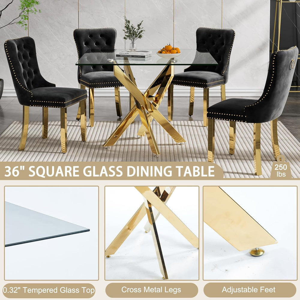 Square Dining Table for 4, 36 Inch Glass Kitchen Table with Gold X Metal Legs...