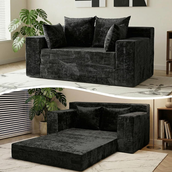 Boneless Couch Small, 3-in-1 Boneless Loveseat Sleeper Sofa Bed Convertible Sofa Bed with 4 Pillows, Black Boneless Couch for Living Room, Guest Room, Small Space