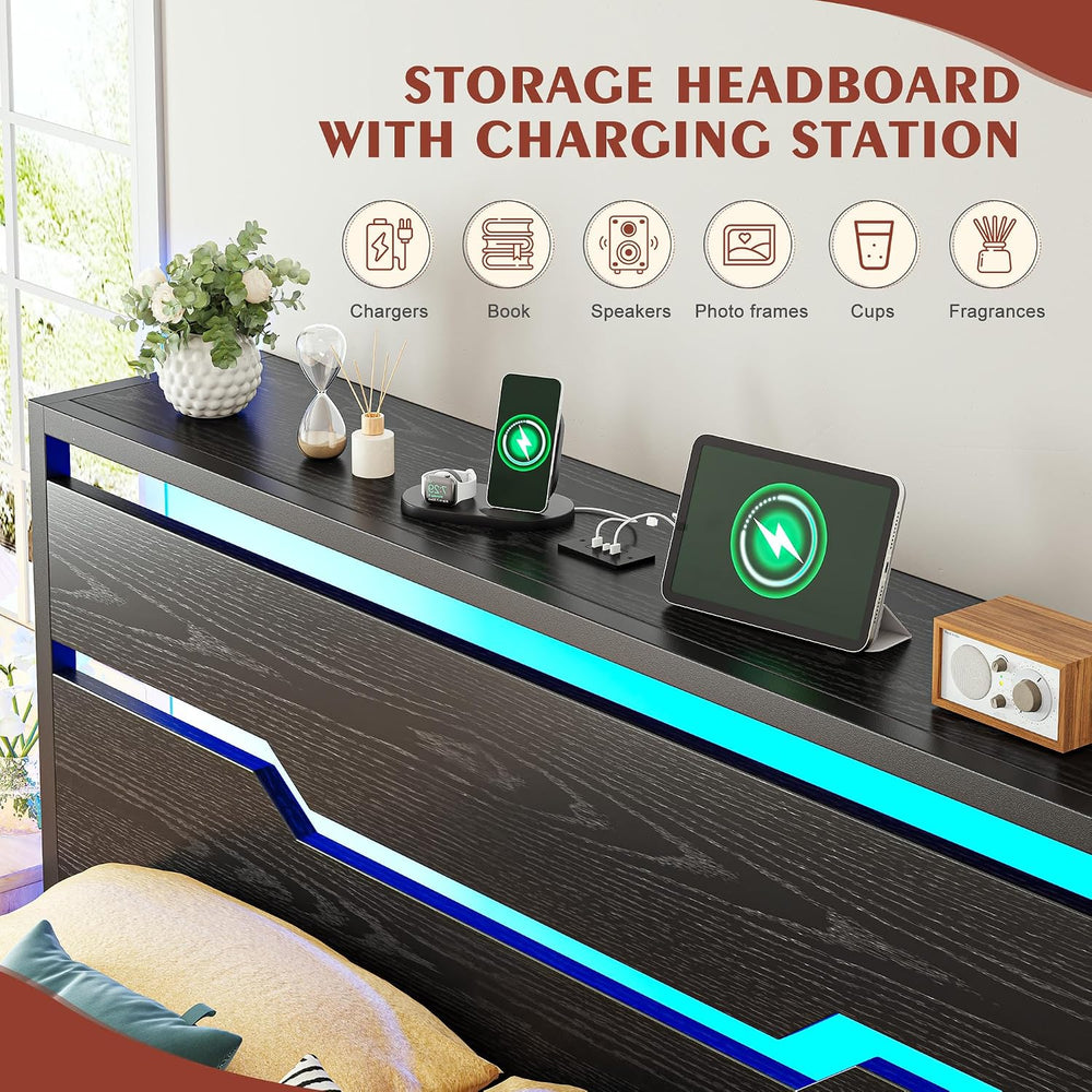 Homkdom King Size Bed Frame with Headboard & LED Light
