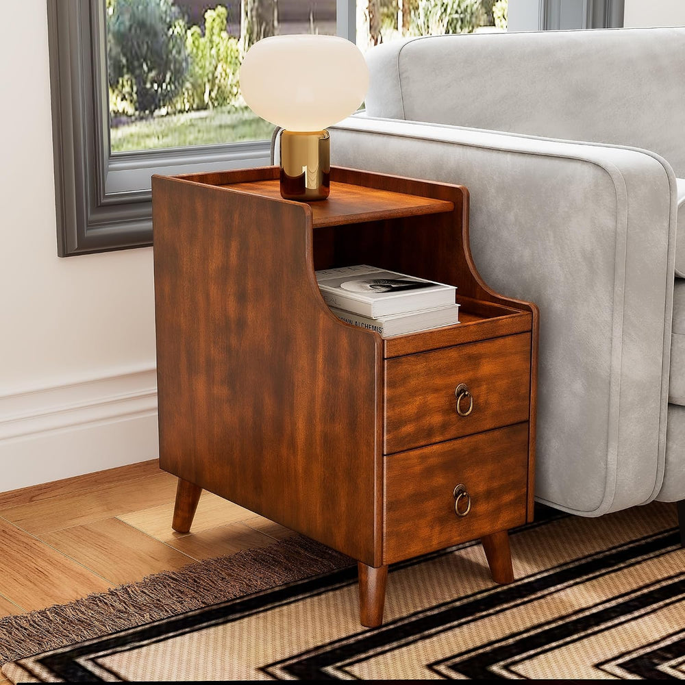 Narrow End Side Table with 2 Drawers and Pull-Out Tray, No-Tools Assembly Sof...