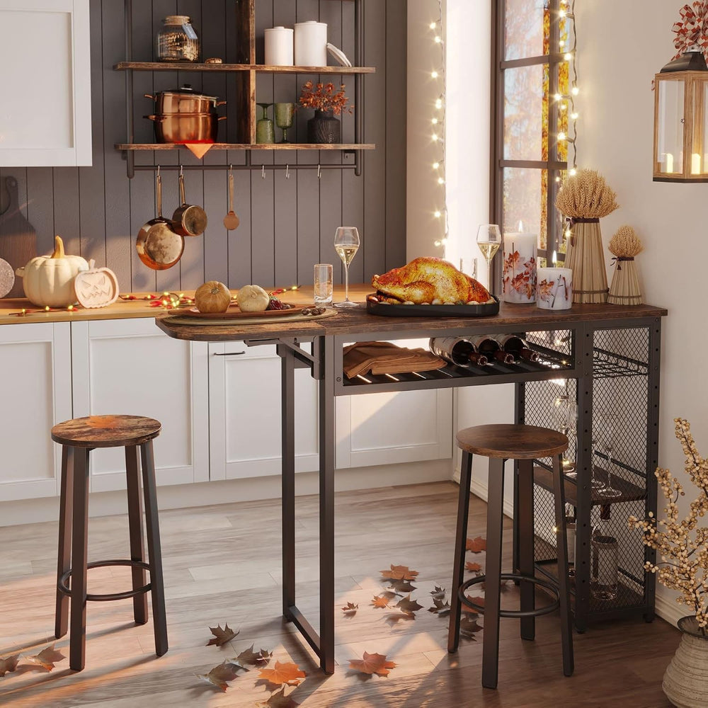 Bestier Expandable Bar Table and Chair Set, 2 Bar Stools, Rustic Brown