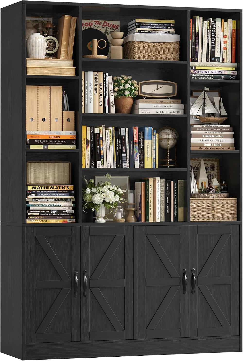 HOSTACK 72" Tall Bookshelf, Large Farmhouse Bookcase with Storage, Black