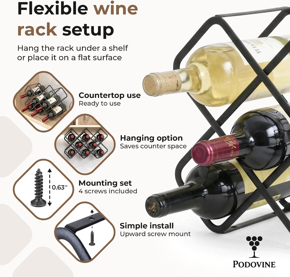 Metal Wine Rack – Matte Black Carbon Steel, 10-Bottle Countertop & Hangab...