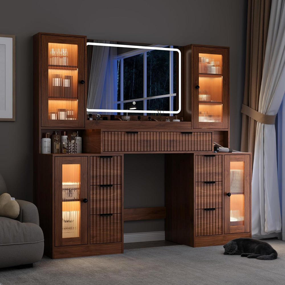 55" Vanity Desk with Mirror & Lights, Fluted Makeup Vanity with 8 Dr...