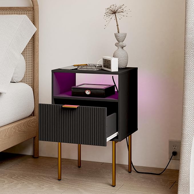 Modern Nightstand with Charging Station and LED Lights, Black Nightstand with...