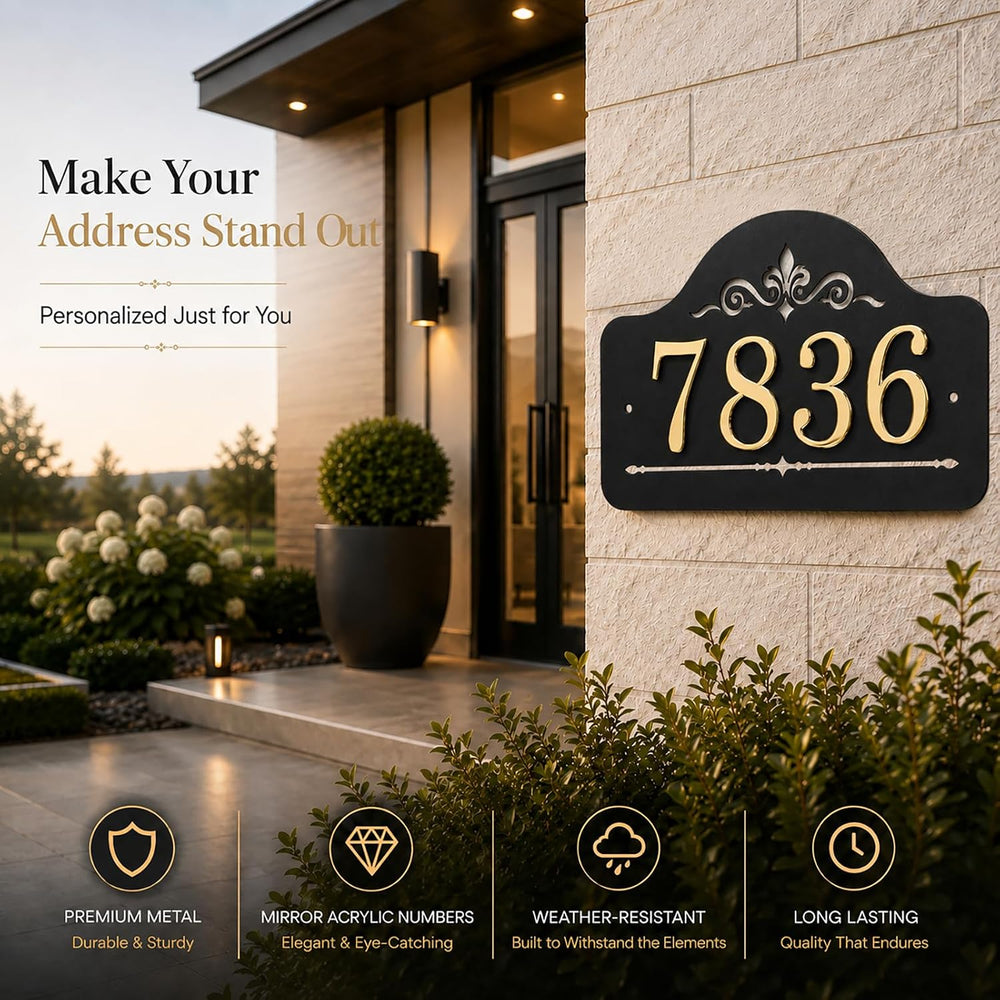Metal House Number Sign with Mirror Gold Numbers, DIY Address Plaque