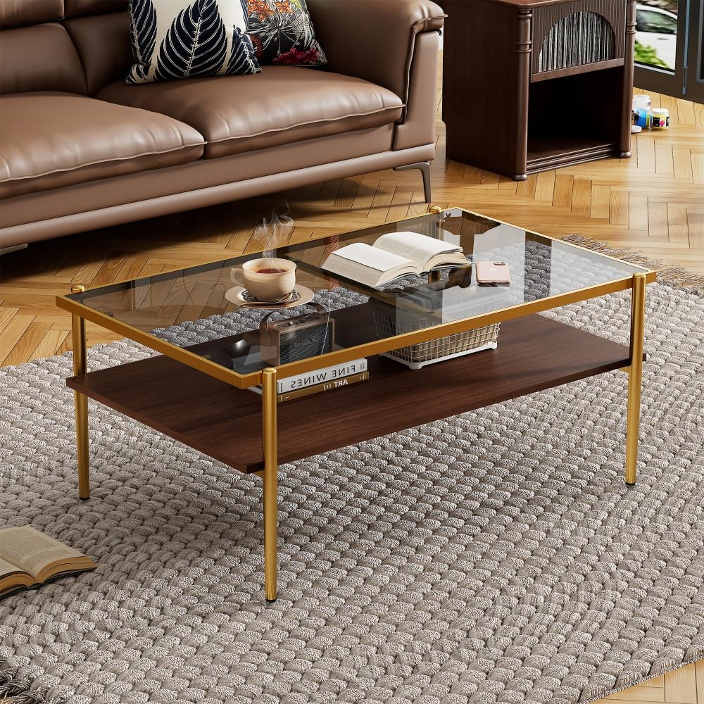 Rectangle Coffee Table with Gray Tempered Glass Top and Golden Legs, Modern T...