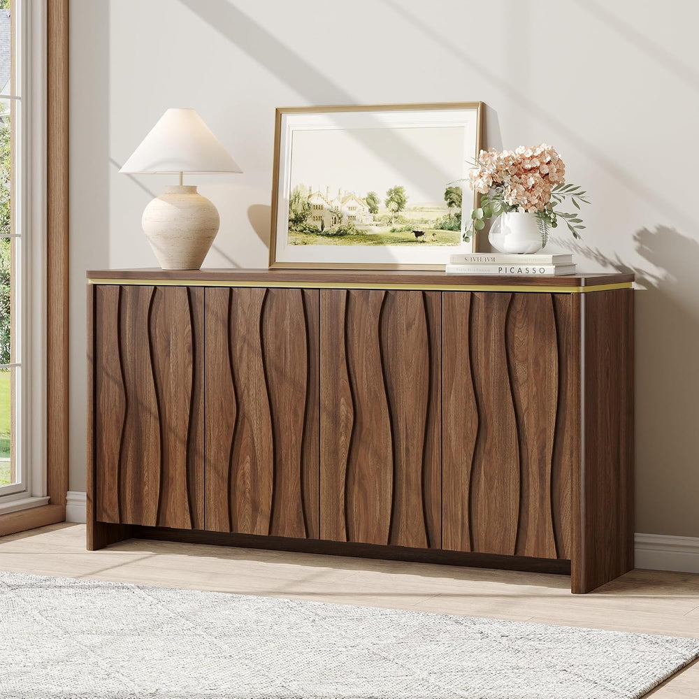 Vabches Fluted Buffet Cabinet with Storage, 3D Ripple Pattern Doors and Curve...