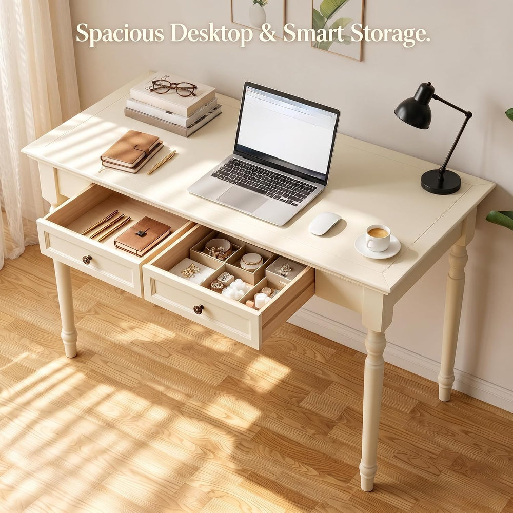 French Country Style Writing Desk with Drawers, White, 47''