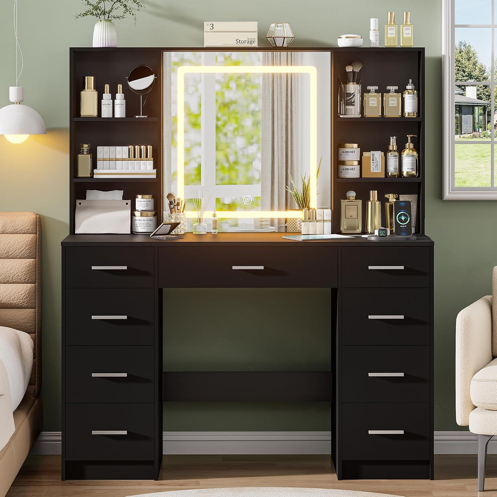 Black Vanity Desk with Mirror and Lights,Makeup Vanity with 9 Drawers, 6 Shel...