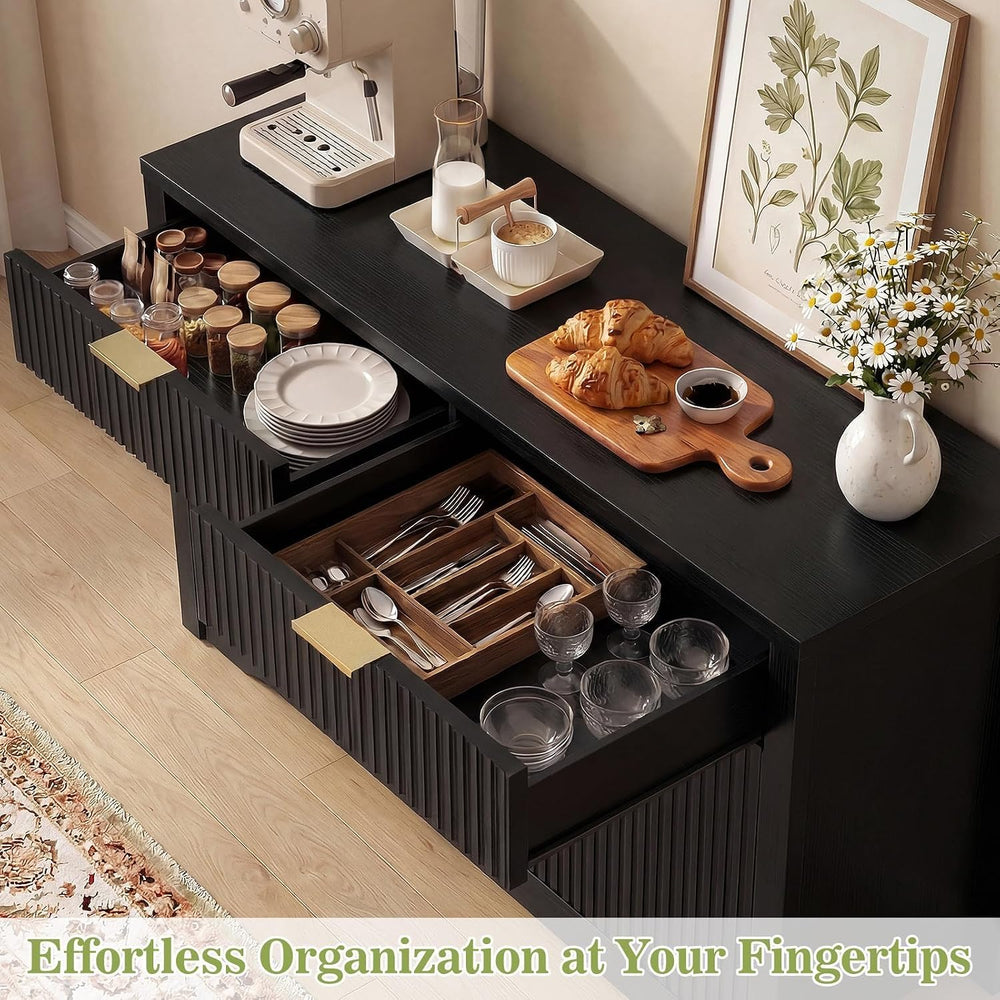 Cyclysio 55" Fluted Sideboard Buffet Cabinet with Drawers (Black, 4 Doors)