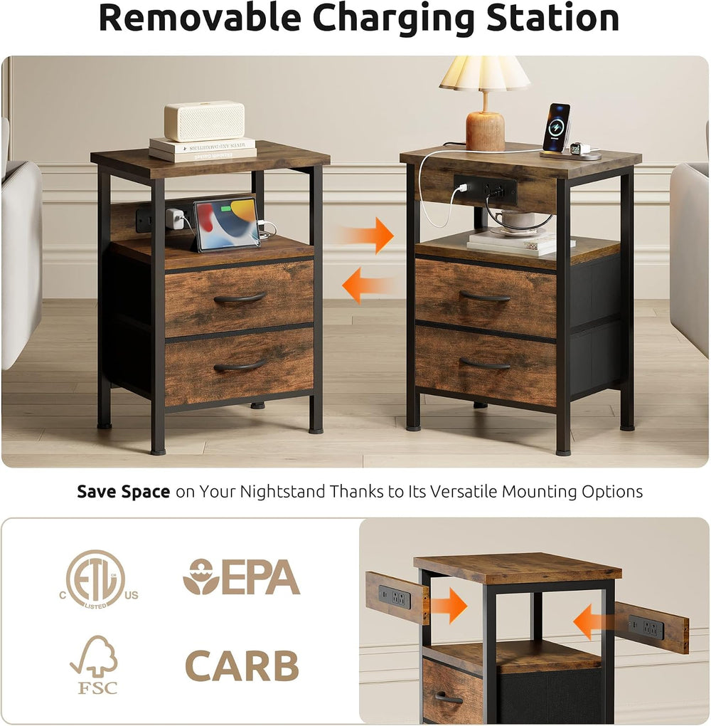 Lazzanto Night Stand with Charger Station for Bedroom, Brown Nightstand | Bed...