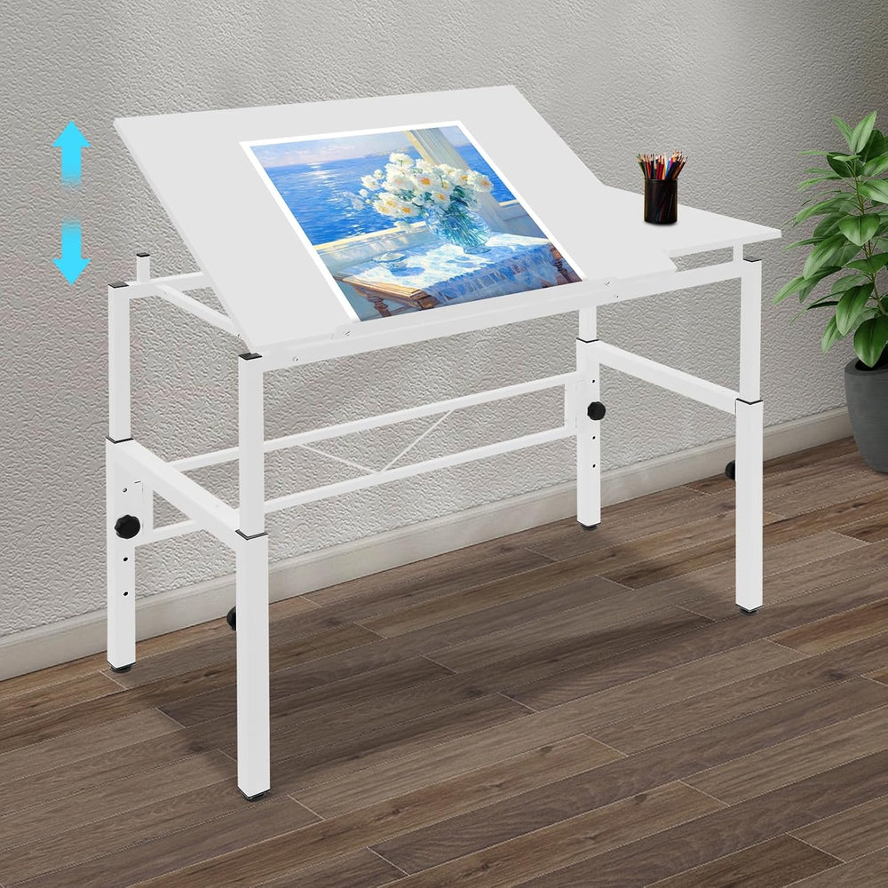 White Adjustable Drafting Table,Drawing Desk with 4 Leveling Feet, Floorstand...