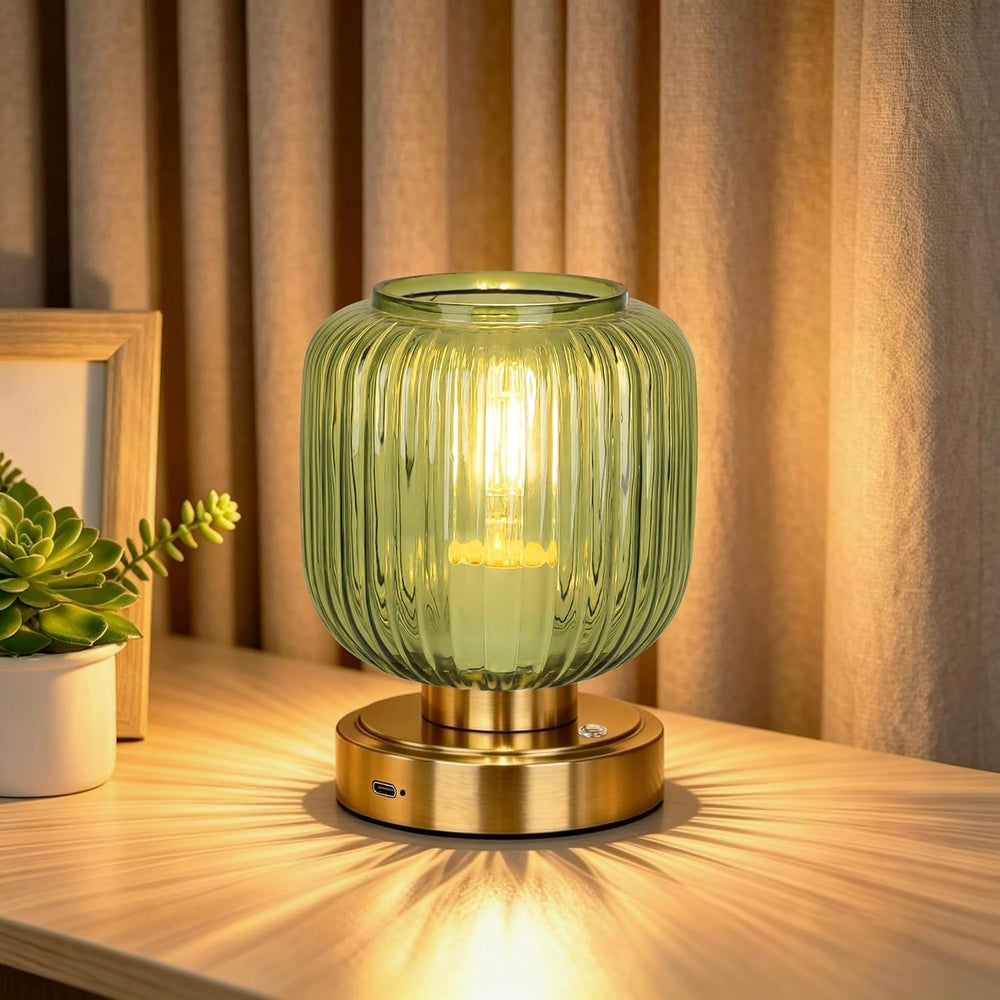 Cordless Table Lamp for Living Room, Small Green Glass Lamp for Bedroom
