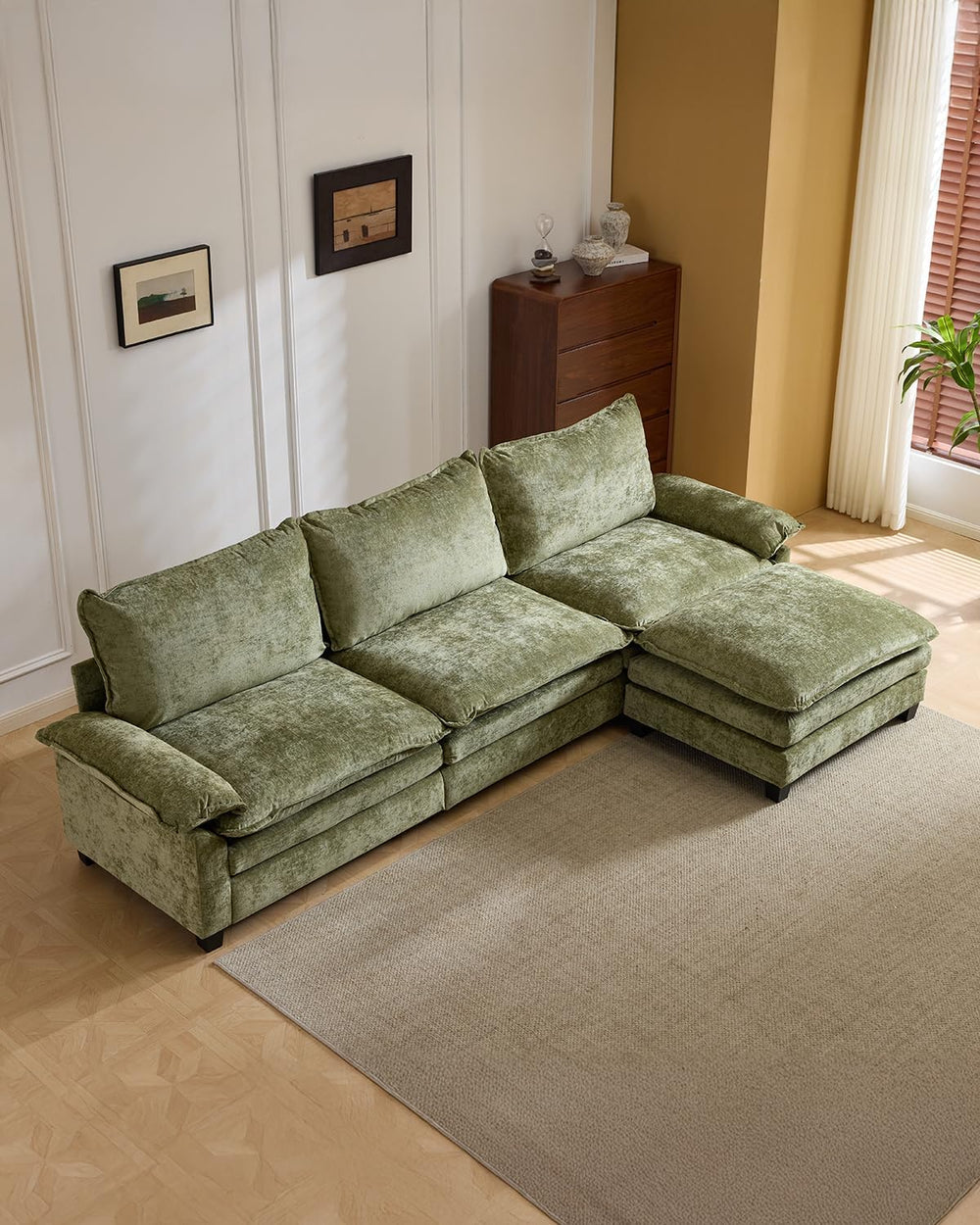 Karl home 122" 3-Seat L-Shaped Sectional Couch, Green | Movable Ottoman,...