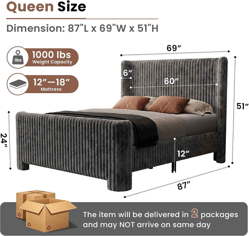 Queen Bed Frame with Faux Fur Upholstered Curved Wingback Headboard & Foo...