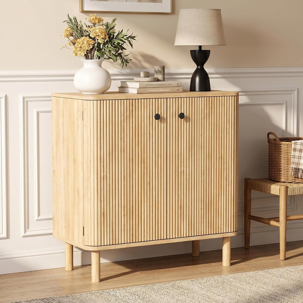 Fluted Sideboard Buffet Cabinet with Storage, 31'' Natural Oak Wood B...