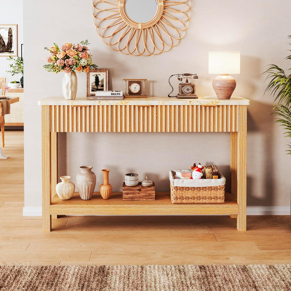 HUAHUU 47.2" Fluted Console Table with 3 Drawers, Long Sofa Table with S...