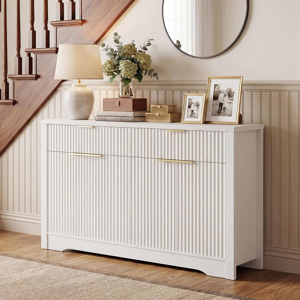 Cyclysio 55" Fluted Sideboard Buffet Cabinet with Drawers (White, 4 Doors)