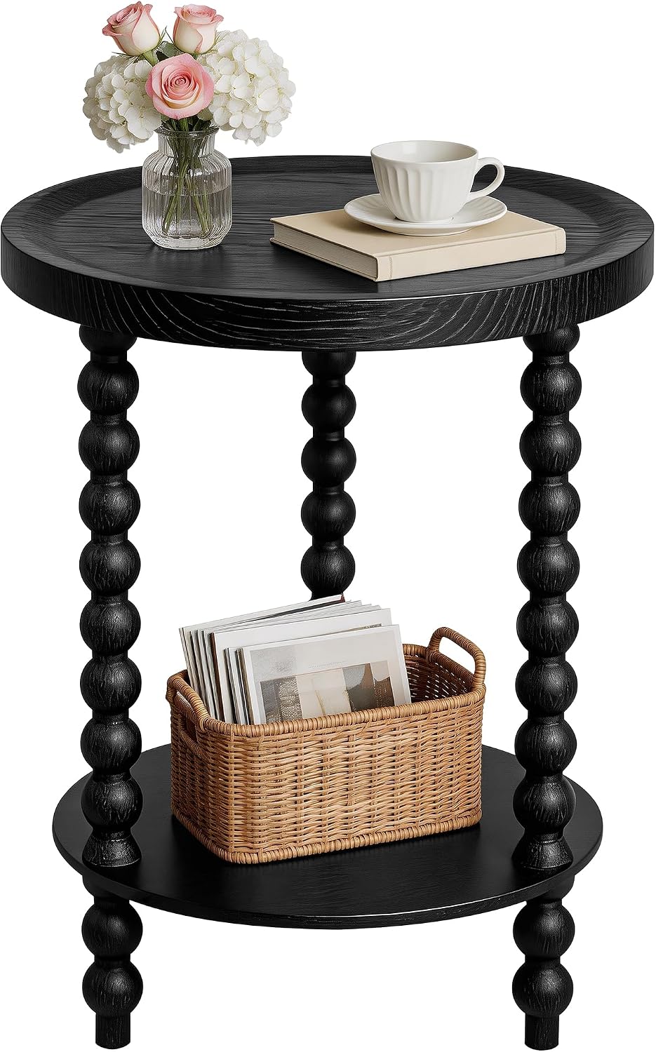 Round 2 Tier Side Table, End Table with Storage Shelf, Modern Nightstand Besi...