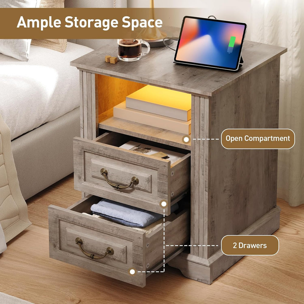 RALGEND Farmhouse End Table with 2 Drawers, Nightstand with Charging Station,...