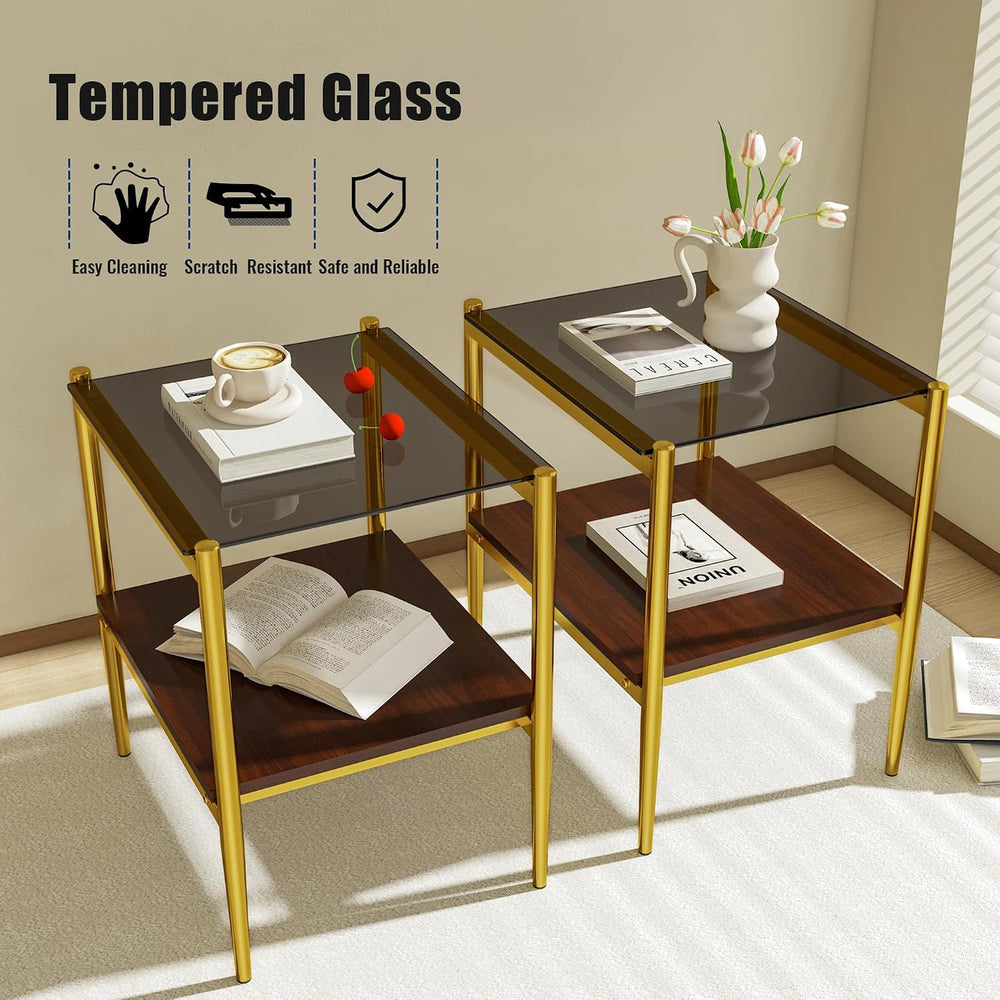 End Table Set of 2, Tempered Glass Side Tables Set with Wooden Storage Shelf,...