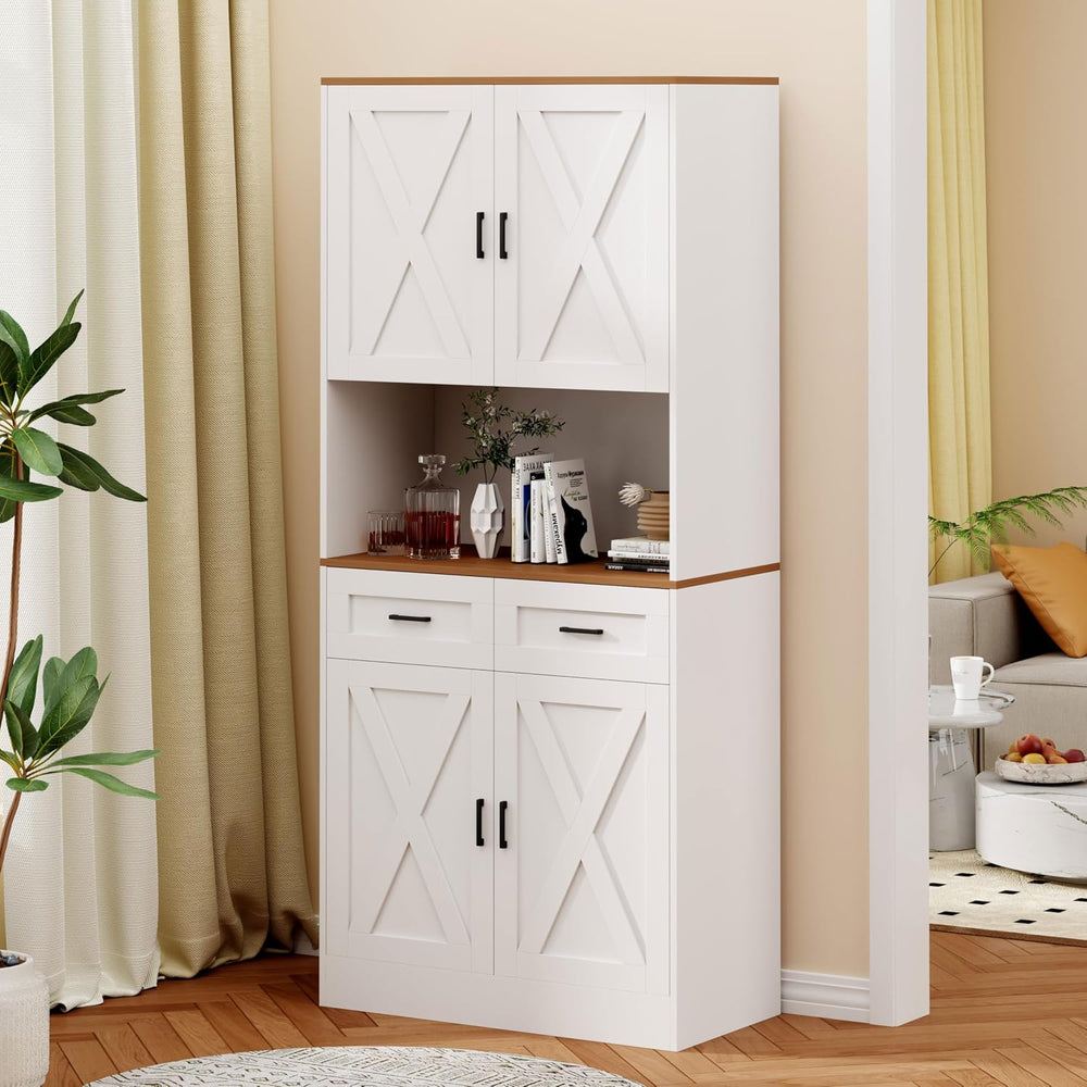 71“ Kitchen Pantry Storage Cabinet, Kitchen Hutch with Microwave Stand and Ad...