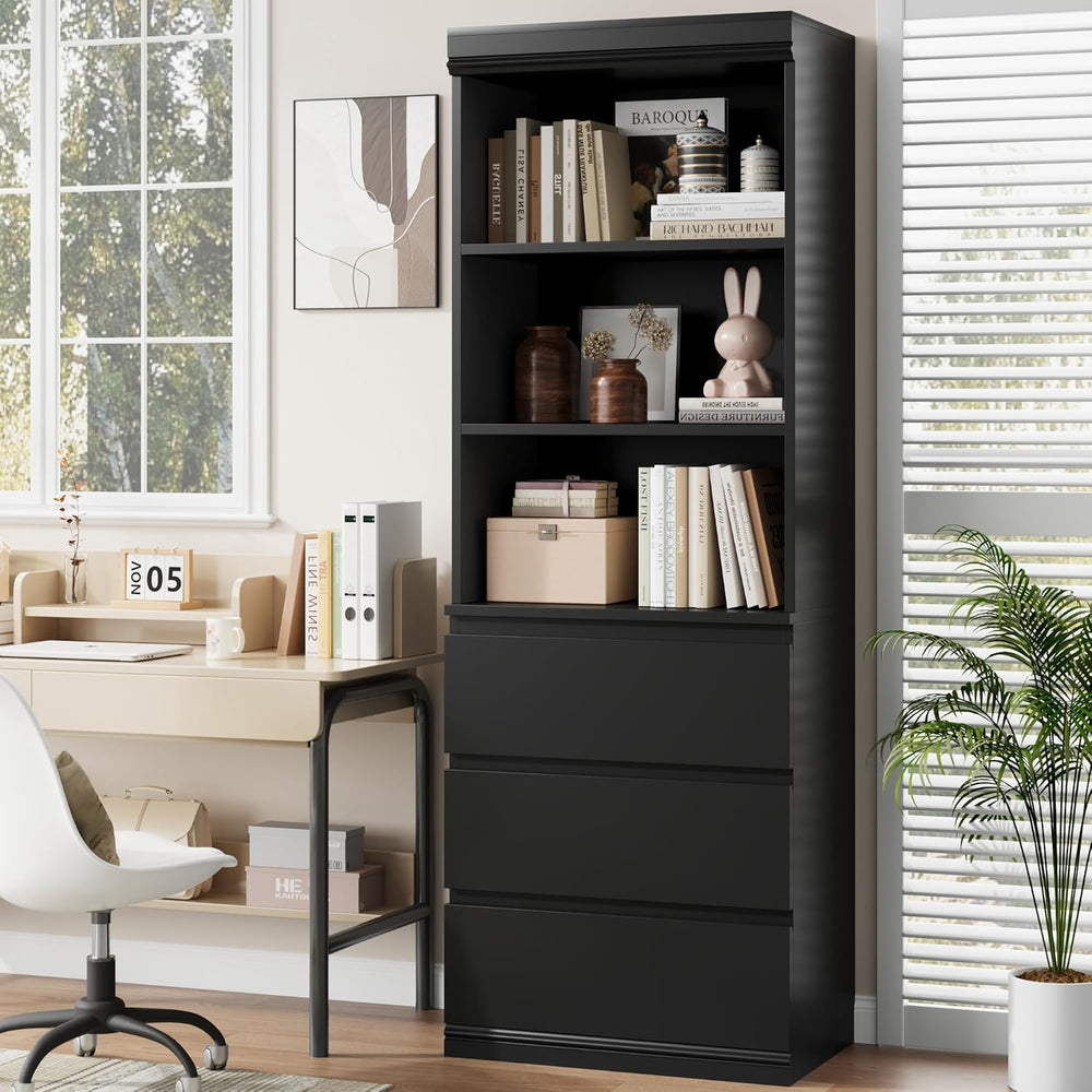 IDEALHOUSE 70" Tall Bookcase with Drawers, Open Book Shelves Library Boo...