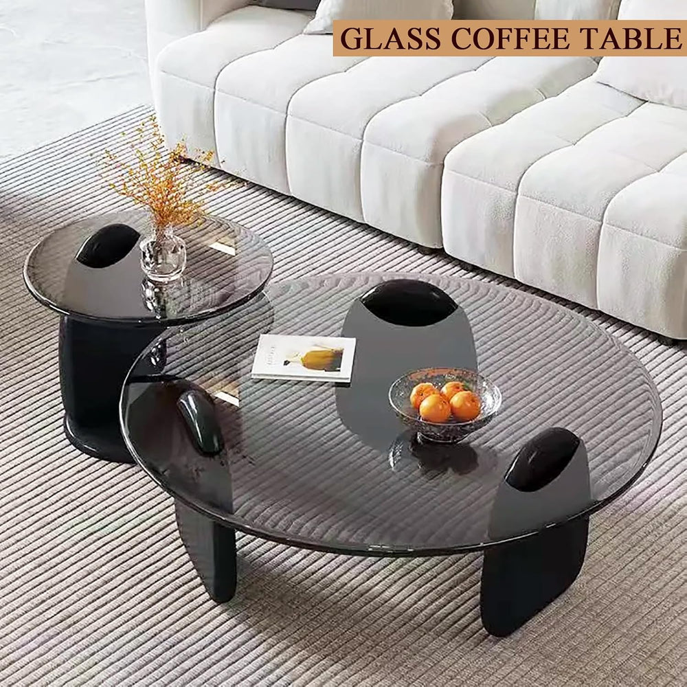 Reinforced 2-Piece Round Glass Coffee Table Set, Premium Nesting Cocktail Tab...