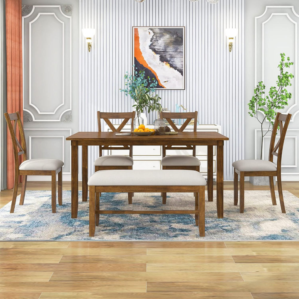Merax 6 Piece Farmhouse Dining Table Set, 60" Solid Wood Rectangular Kit...