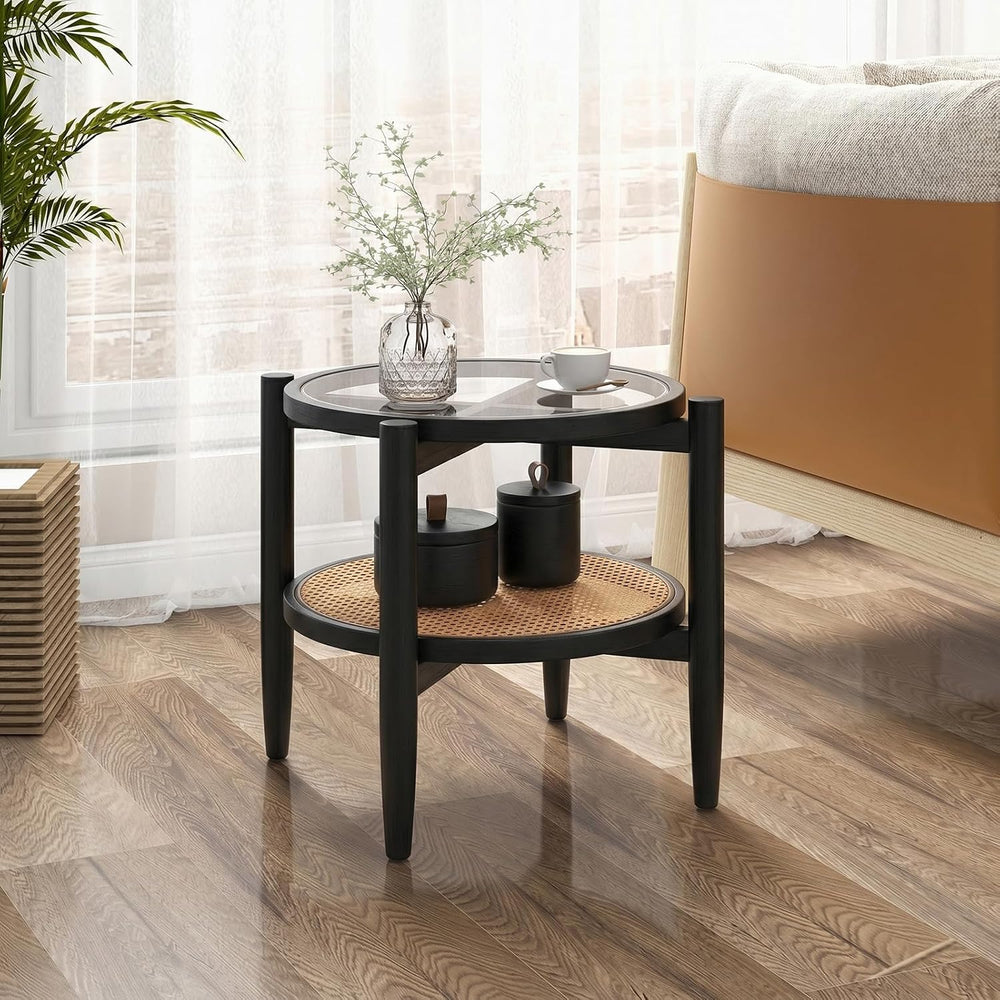 Giantex Rattan Round End Table, Boho Nightstand with Tempered Glass Top &...