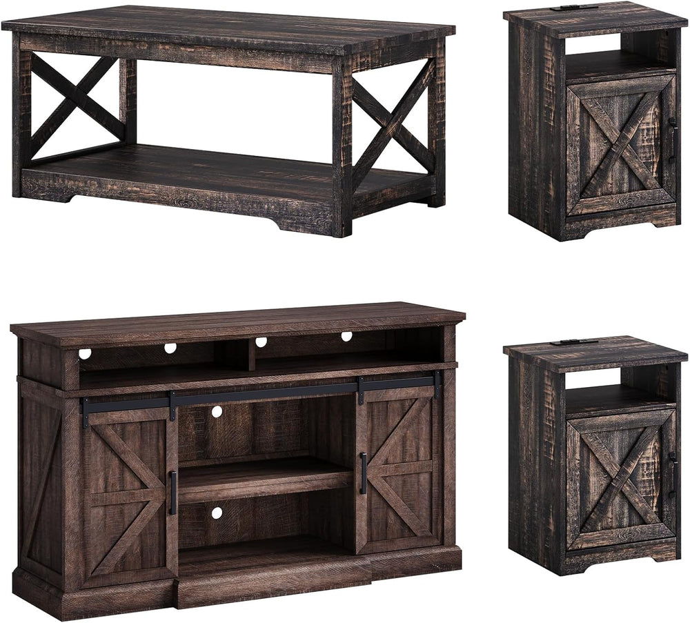 AMERLIFE 4-Piece Living Room Table Set with 66" TV Stand, Barnwood | Cof...