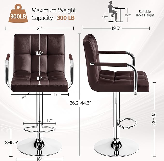 Yaheetech Bar Stools Set of 2, Adjustable PU Leather Swivel Barstools, Modern...