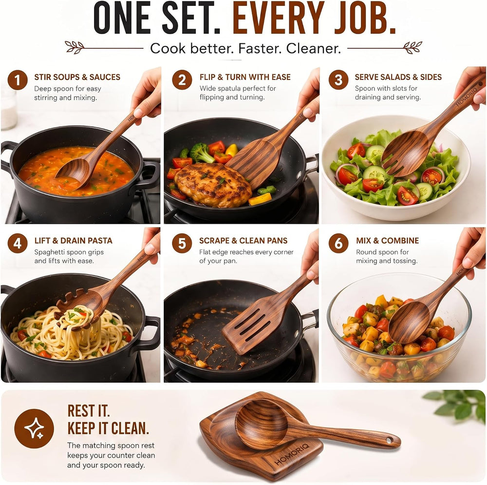 12-Piece Premium Teak Wooden Cooking Utensils Set – Heat-Resistant Spoons &am...