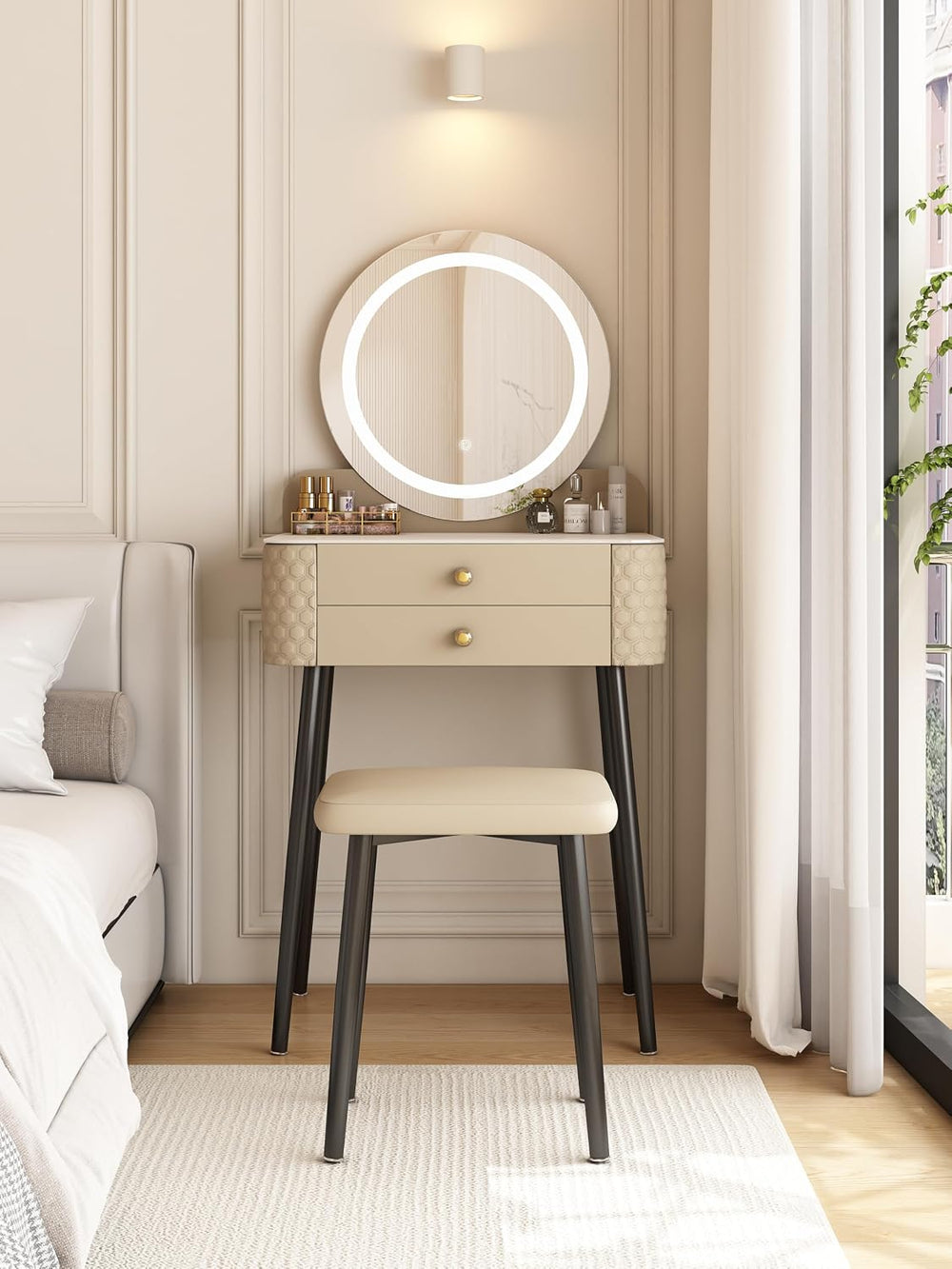 Small Vanity Desk with Mirror and Lights, 2 Drawers.(Beige) | 3 Color Lightin...