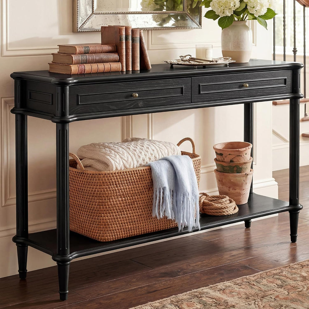 Solid Wood Console Table for Entryway with Charging Station, 2 Drawers | Retr...