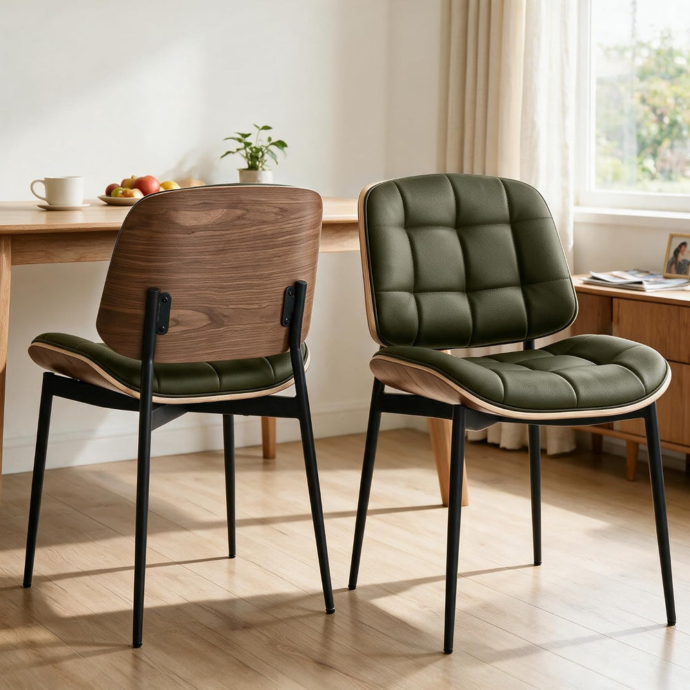 GrandNoor Mid Century Modern Dining Chairs with Walnut Grain Back, Green Faux...