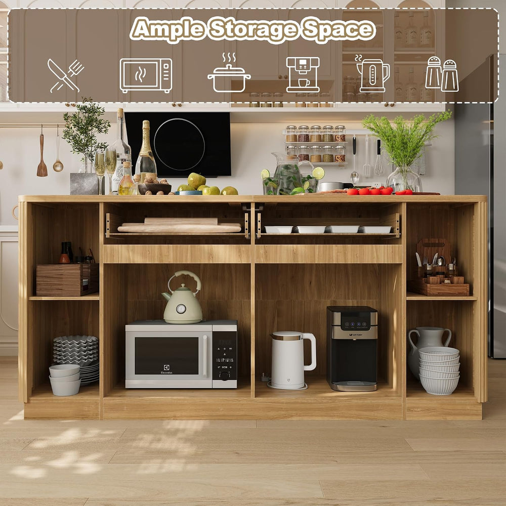Mekminop 74.8" W Large Kitchen Island, Natural, Wavy Design | Storage, S...