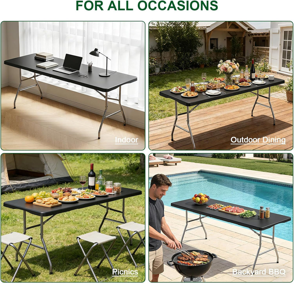 6FT Folding Tables – Heavy Duty Portable Foldable Picnic Table with Built-in ...