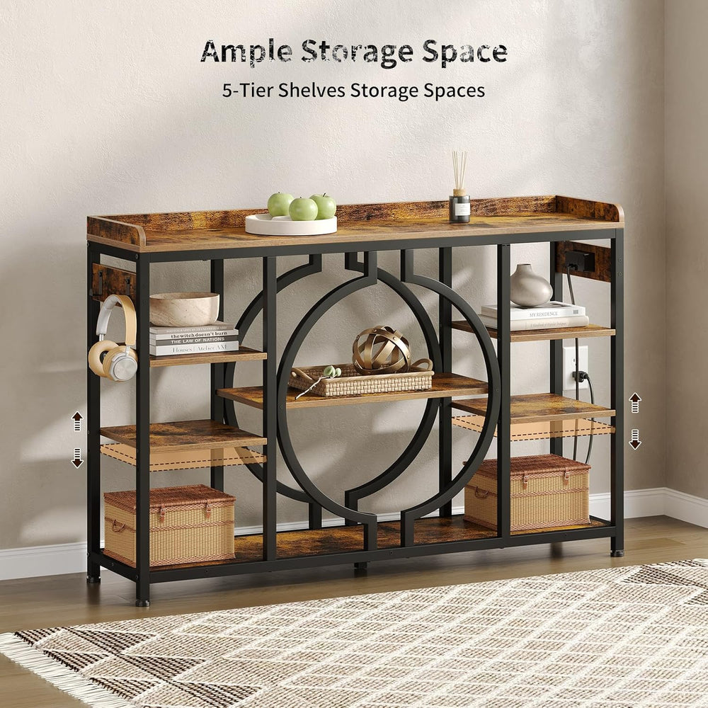 47.2 Inch Console Tables with Charging Station and LED Light, Rustic Brown