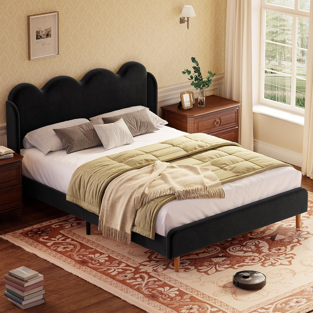 Garvee Chenille Upholstered Full Size Bed Frame, Wingback Design, Black