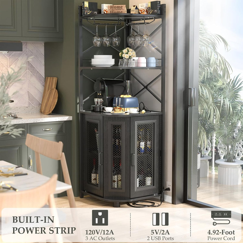 Aheaplus Corner Bar Cabinet with Power Outlet, Industrial Liquor Cabinet | 5-...