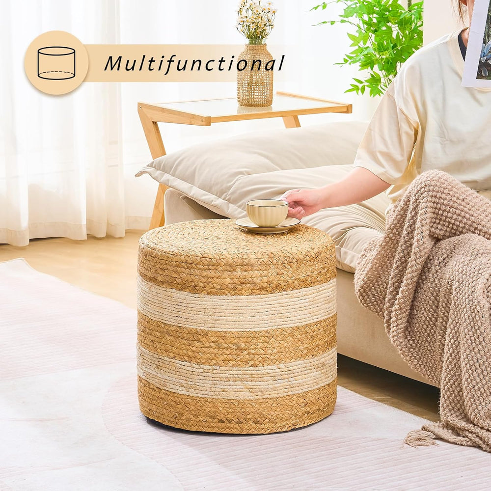 Handwoven Ottoman Pouf, Natural Water Hyacinth Footstool, Round Braided Outdo...
