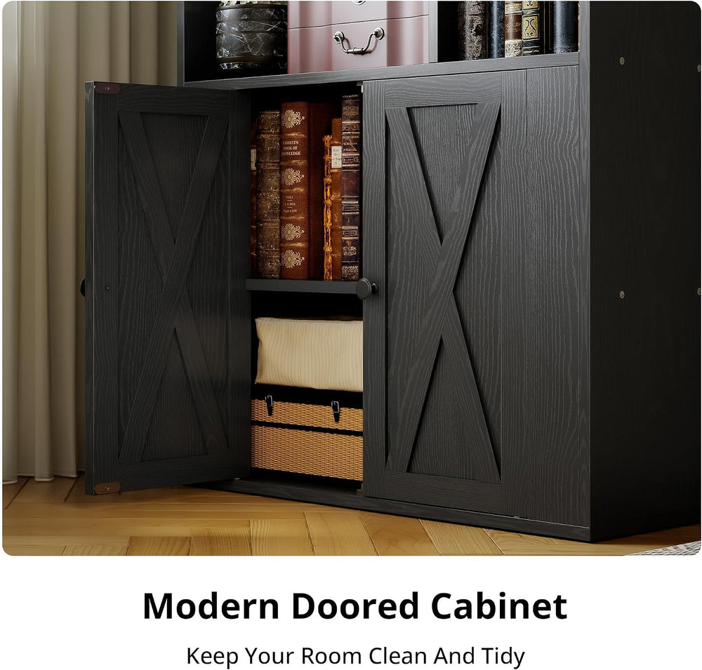 IRONCK 4-Tier Bookcase with Doors, Tall Storage Bookshelf, Black