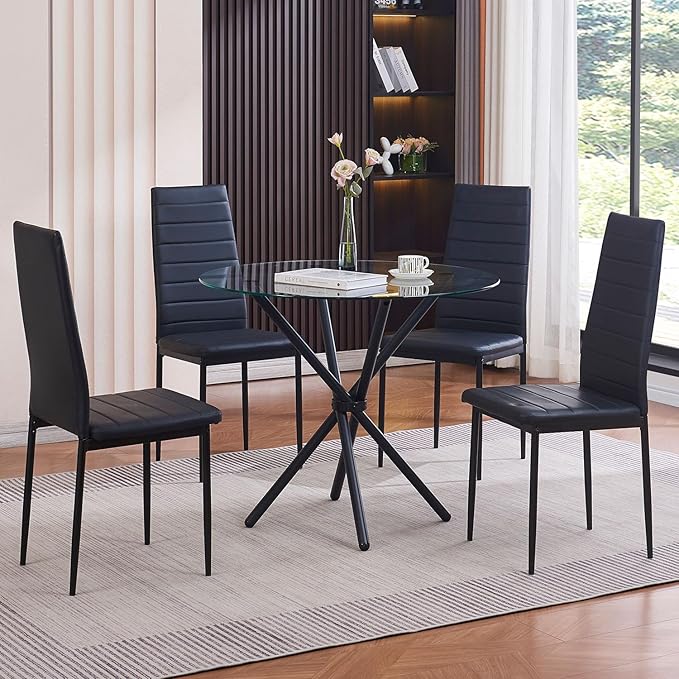 Black PU Dining Chairs Set of 4, Modern Kitchen & Dining Room Chairs Faux...